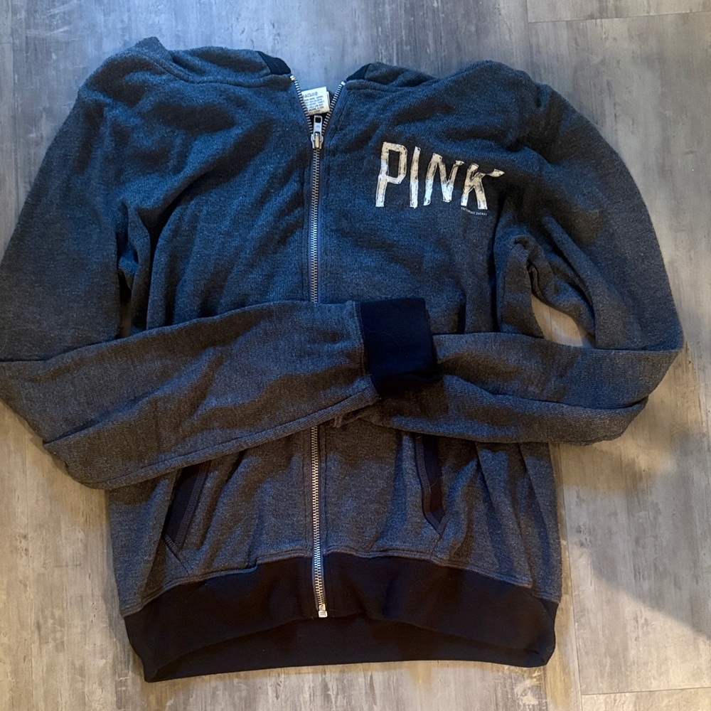 PINK Victoria's Secret Dark Gray Zip-Up Hoodie with White Logo